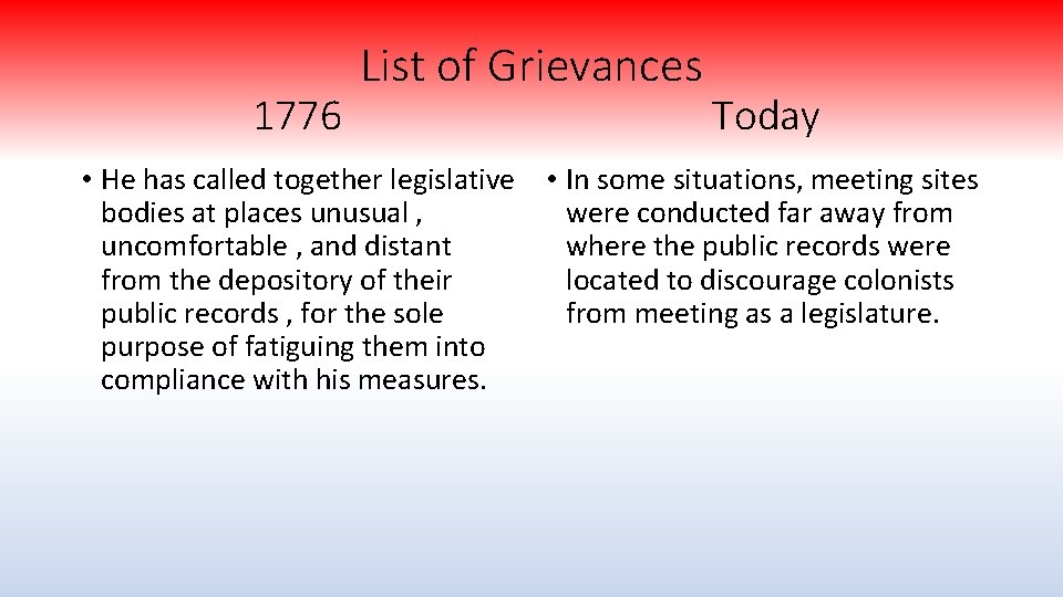 1776 List of Grievances Today • He has called together legislative • In some