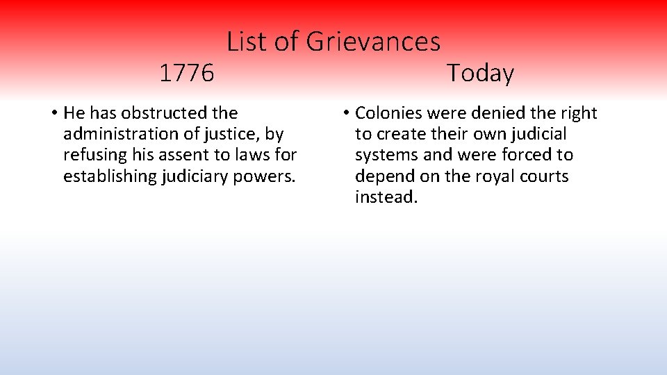 1776 List of Grievances • He has obstructed the administration of justice, by refusing