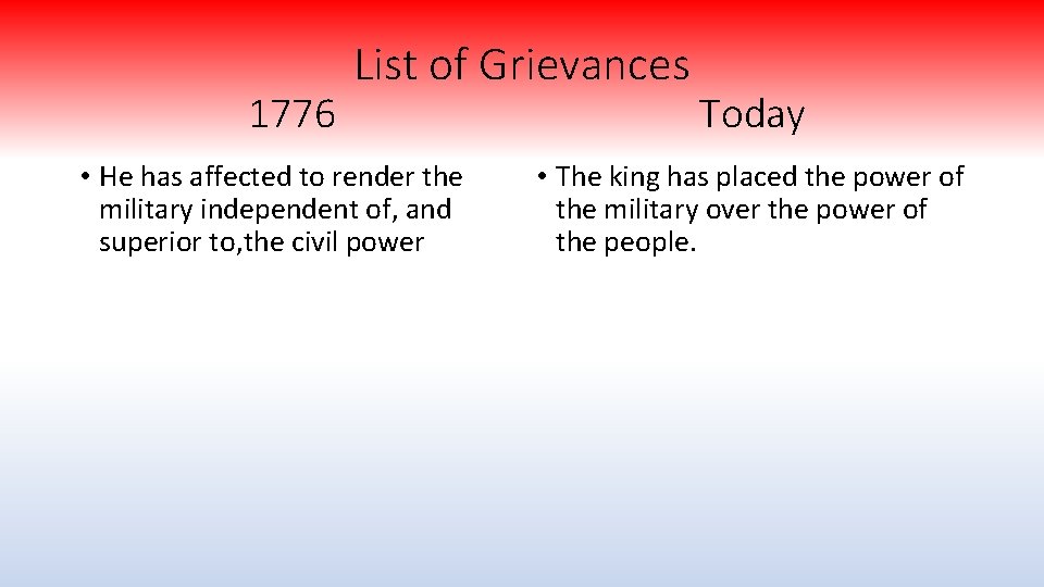 1776 List of Grievances • He has affected to render the military independent of,