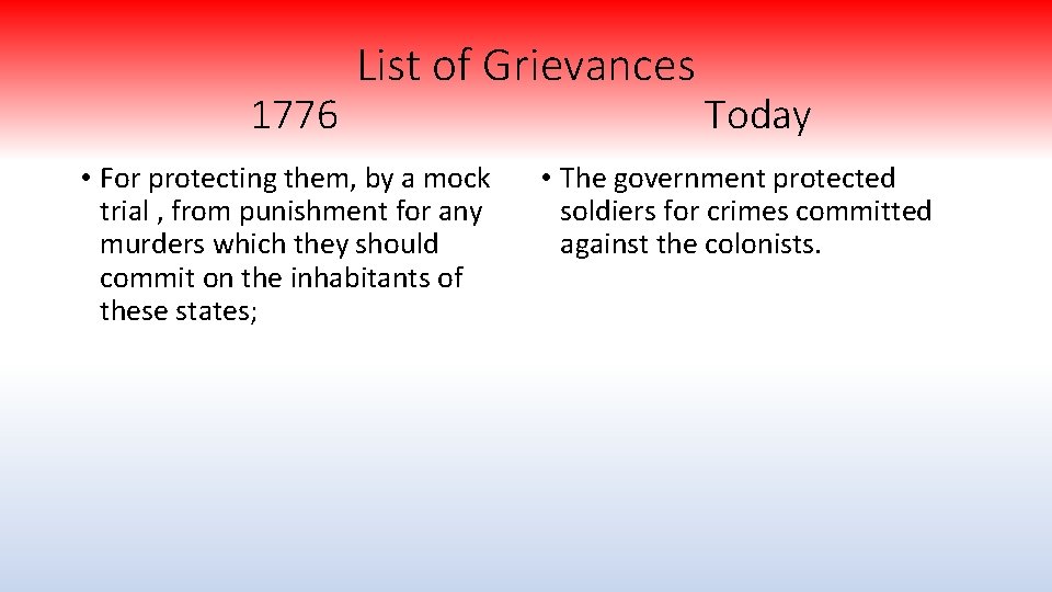 1776 List of Grievances • For protecting them, by a mock trial , from