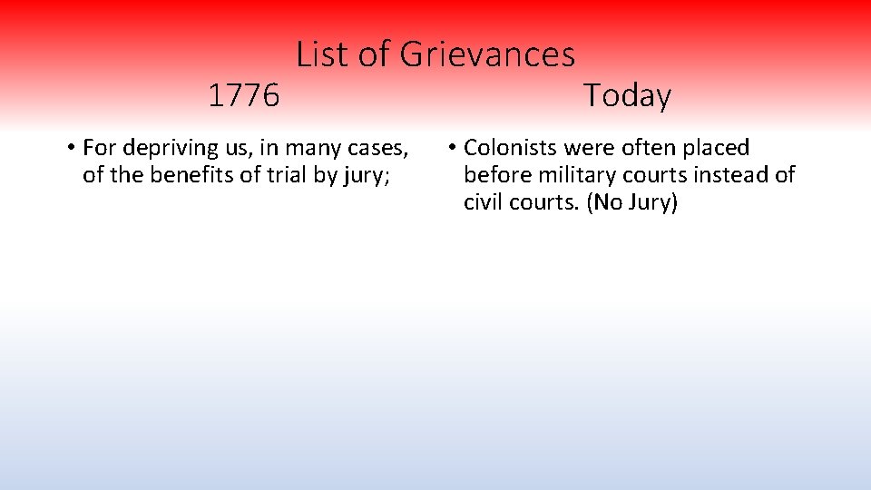 1776 List of Grievances • For depriving us, in many cases, of the benefits