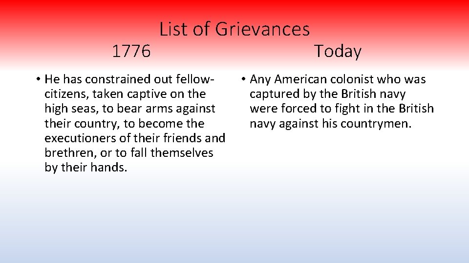 1776 List of Grievances • He has constrained out fellowcitizens, taken captive on the
