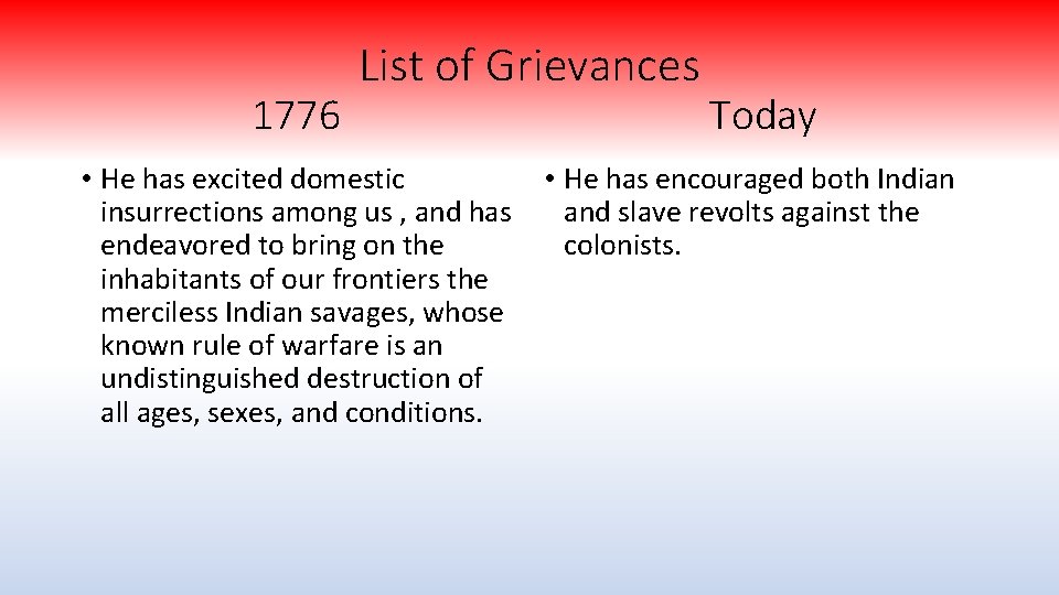 1776 List of Grievances • He has excited domestic insurrections among us , and