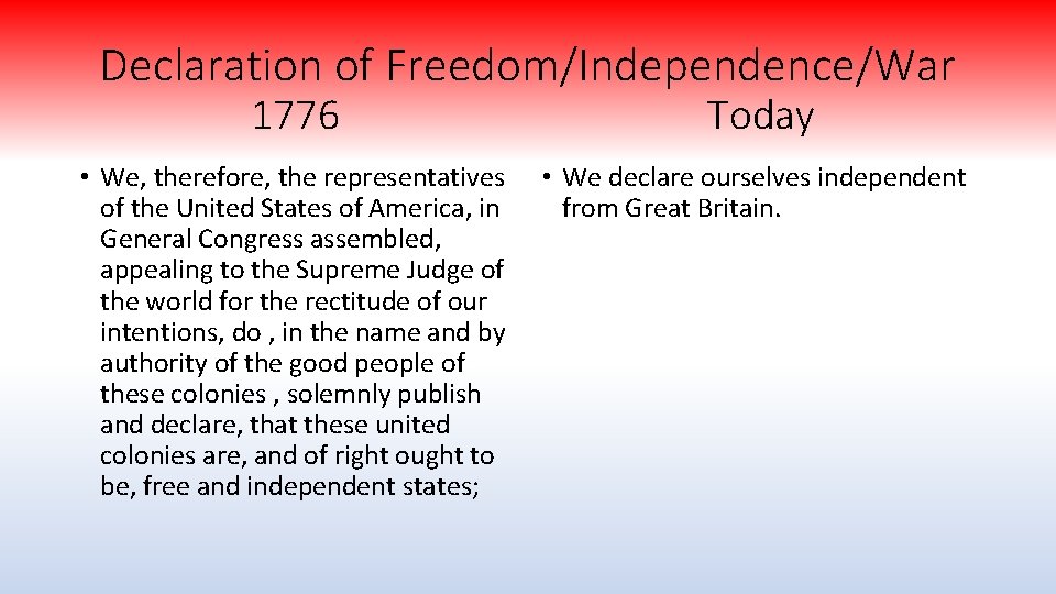 Declaration of Freedom/Independence/War 1776 Today • We, therefore, the representatives of the United States