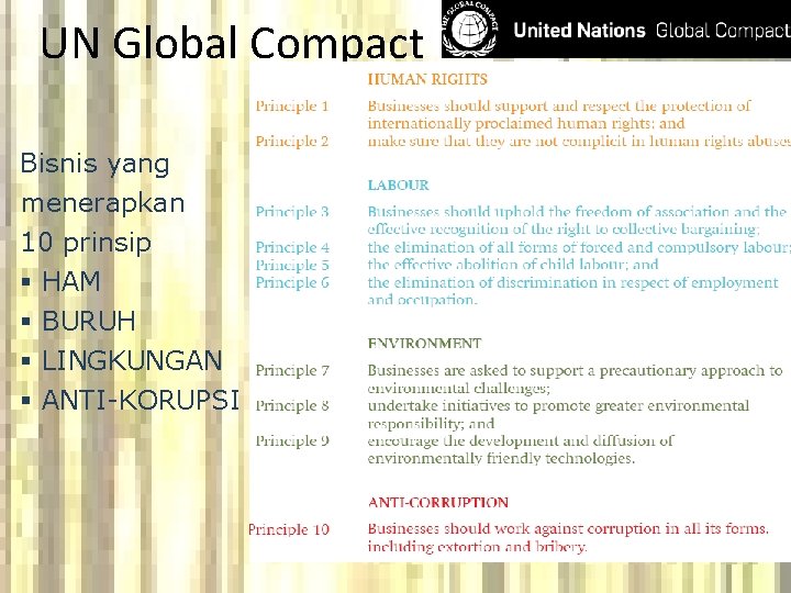 UN Global Compact Bisnis yang menerapkan 10 prinsip § § HAM BURUH LINGKUNGAN ANTI-KORUPSI