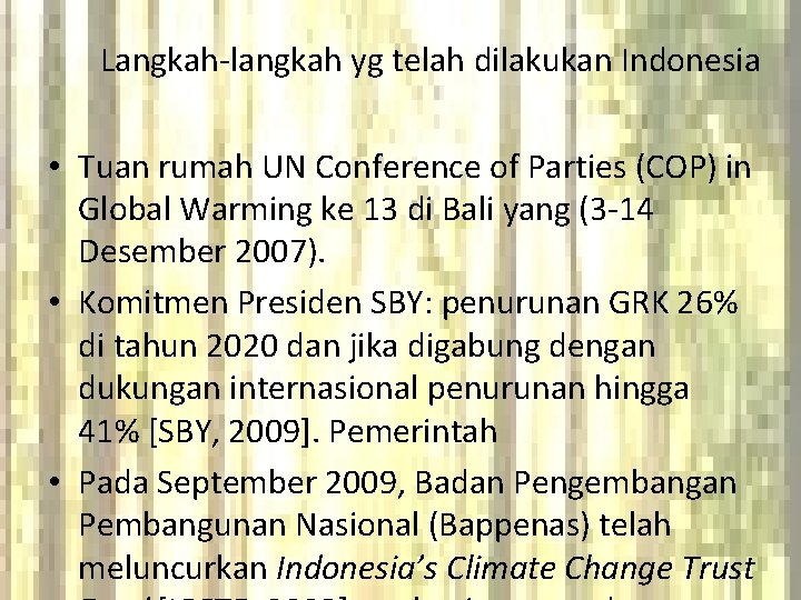Langkah-langkah yg telah dilakukan Indonesia • Tuan rumah UN Conference of Parties (COP) in