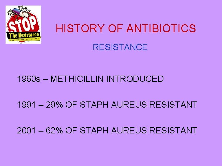 HISTORY OF ANTIBIOTICS RESISTANCE 1960 s – METHICILLIN INTRODUCED 1991 – 29% OF STAPH