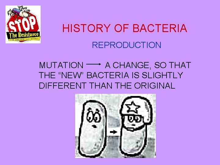 HISTORY OF BACTERIA REPRODUCTION MUTATION A CHANGE, SO THAT THE “NEW” BACTERIA IS SLIGHTLY