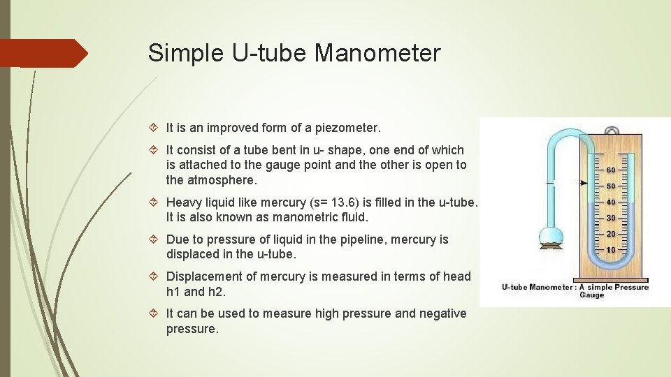 Simple U-tube Manometer It is an improved form of a piezometer. It consist of