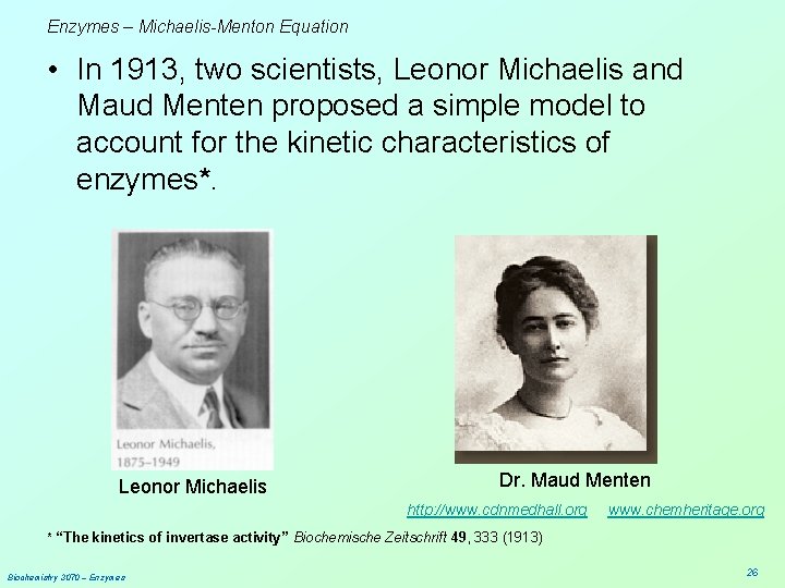 Enzymes – Michaelis-Menton Equation • In 1913, two scientists, Leonor Michaelis and Maud Menten