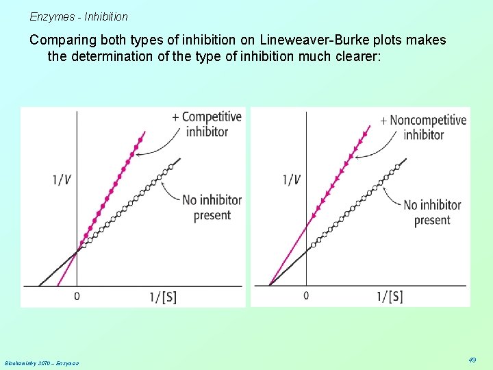 Enzymes - Inhibition Comparing both types of inhibition on Lineweaver-Burke plots makes the determination