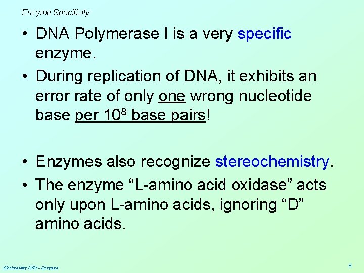 Enzyme Specificity • DNA Polymerase I is a very specific enzyme. • During replication