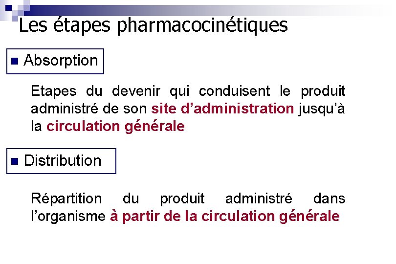 Les étapes pharmacocinétiques n Absorption Etapes du devenir qui conduisent le produit administré de