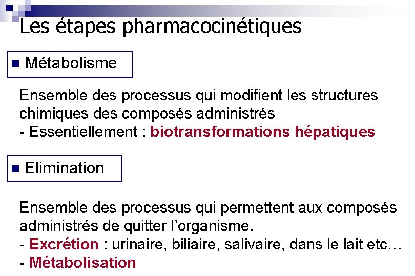 Les étapes pharmacocinétiques n Métabolisme Ensemble des processus qui modifient les structures chimiques des