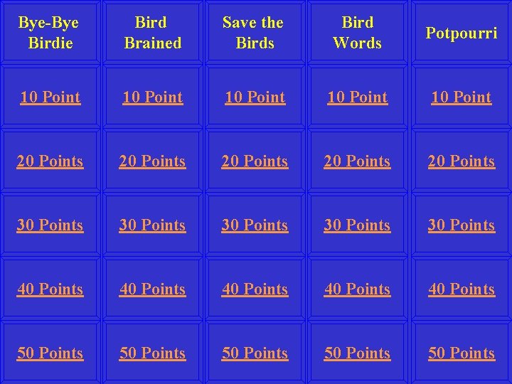 Bye-Bye Birdie Bird Brained Save the Birds Bird Words Potpourri 10 Point 10 Point