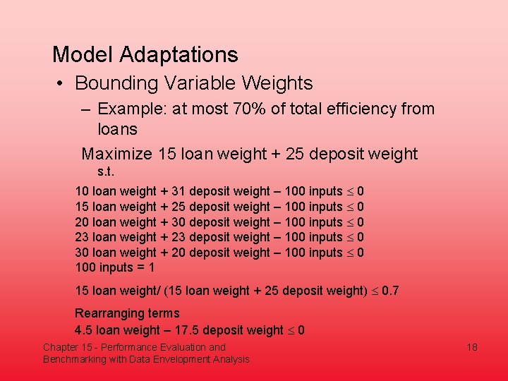 Model Adaptations • Bounding Variable Weights – Example: at most 70% of total efficiency