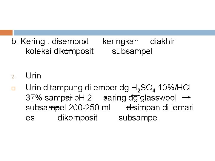 b. Kering : disemprot koleksi dikomposit 2. keringkan diakhir subsampel Urin ditampung di ember