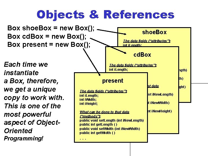 Objects & References Box shoe. Box = new Box(); Box cd. Box = new