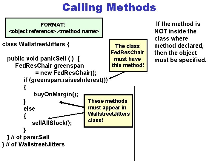 Calling Methods FORMAT: <object reference>. <method name> class Wallstreet. Jitters { The class Fed.