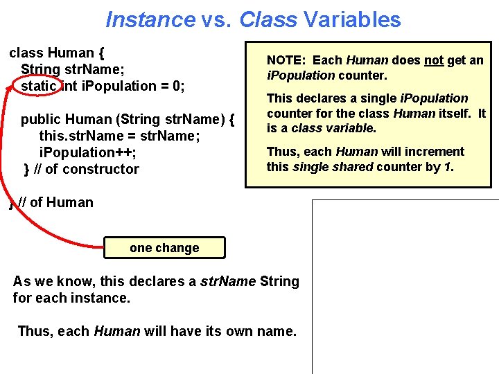 Instance vs. Class Variables class Human { String str. Name; static int i. Population