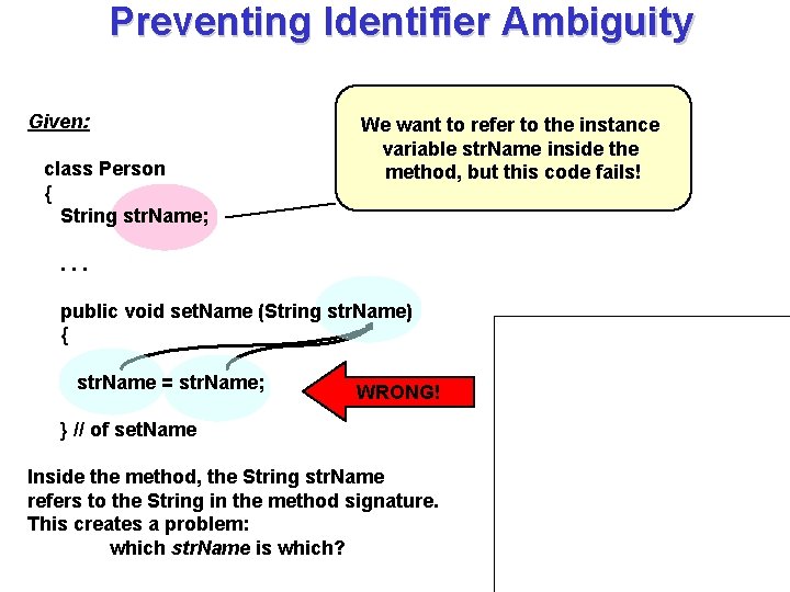 Preventing Identifier Ambiguity Given: class Person { String str. Name; We want to refer