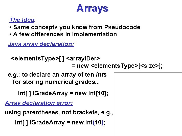 Arrays The Idea: • Same concepts you know from Pseudocode • A few differences