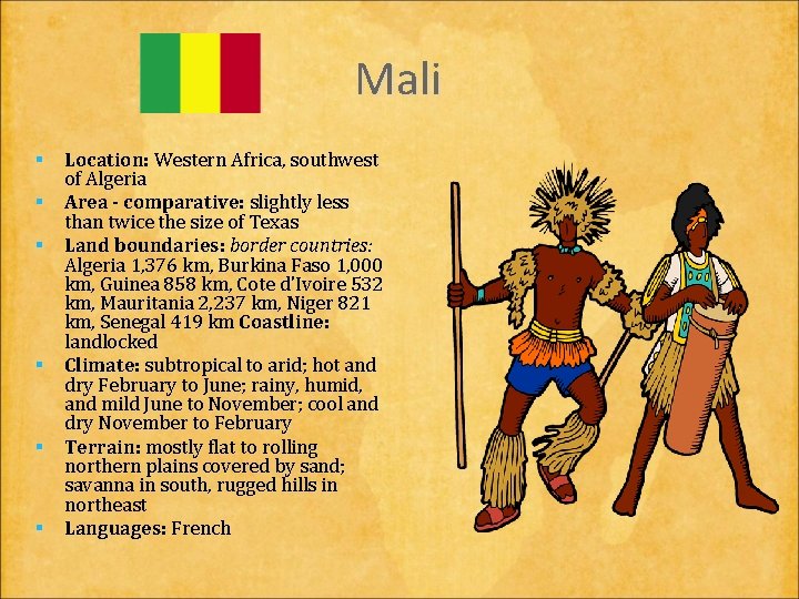 Mali § Location: Western Africa, southwest of Algeria § Area - comparative: slightly less