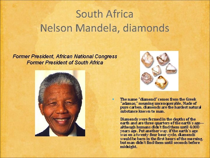 South Africa Nelson Mandela, diamonds Former President, African National Congress Former President of South