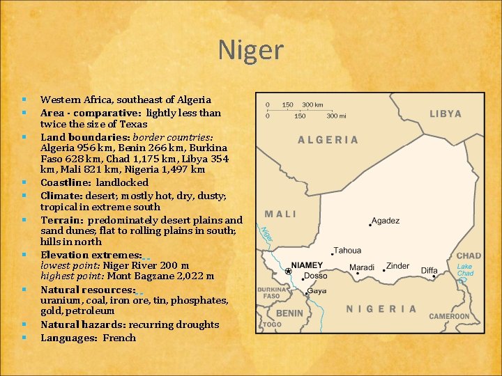 Niger § § § § § Western Africa, southeast of Algeria Area - comparative: