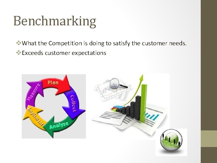 Benchmarking v. What the Competition is doing to satisfy the customer needs. v. Exceeds