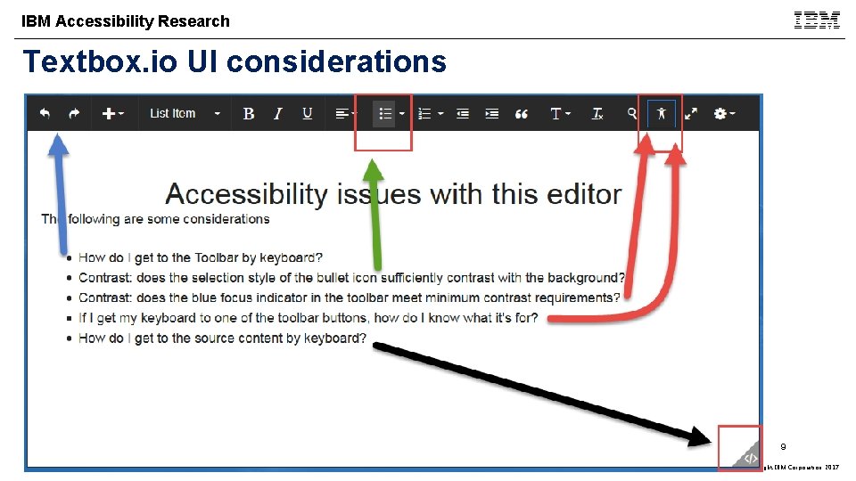 IBM Accessibility Research Textbox. io UI considerations 9 © Copyright IBM Corporation 2017 