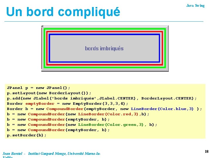 Un bord compliqué Java Swing JPanel p = new JPanel(); p. set. Layout(new Border.