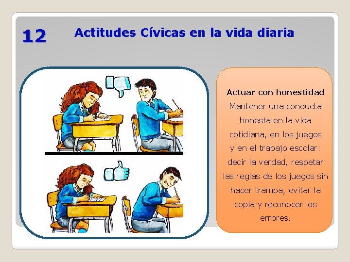 12 Actitudes Cívicas en la vida diaria Actuar con honestidad Mantener una conducta honesta