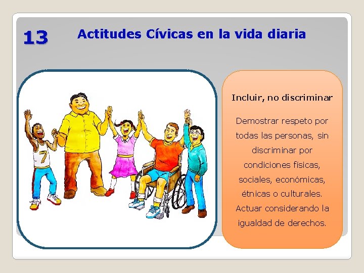 13 Actitudes Cívicas en la vida diaria Incluir, no discriminar Demostrar respeto por todas