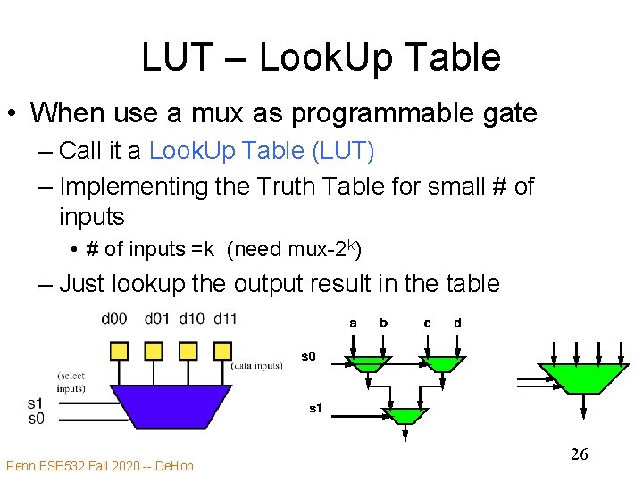 LUT – Look. Up Table • When use a mux as programmable gate –