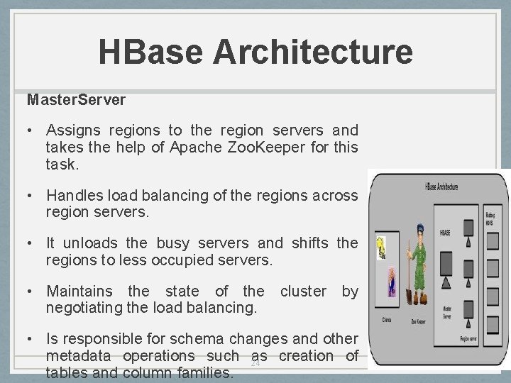 HBase Architecture Master. Server • Assigns regions to the region servers and takes the