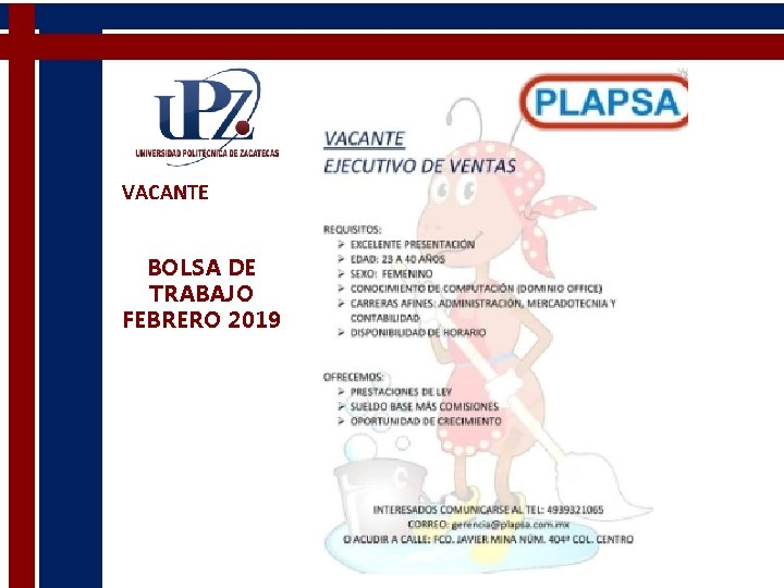 VACANTE BOLSA DE TRABAJO FEBRERO 2019 