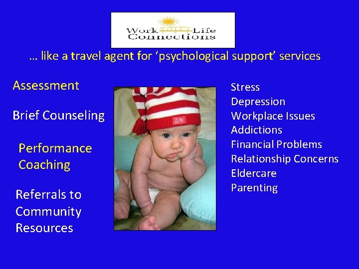 … like a travel agent for ‘psychological support’ services Assessment Brief Counseling Performance Coaching