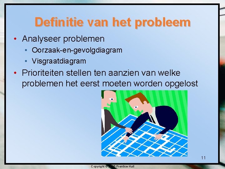 Definitie van het probleem • Analyseer problemen • Oorzaak-en-gevolgdiagram • Visgraatdiagram • Prioriteiten stellen