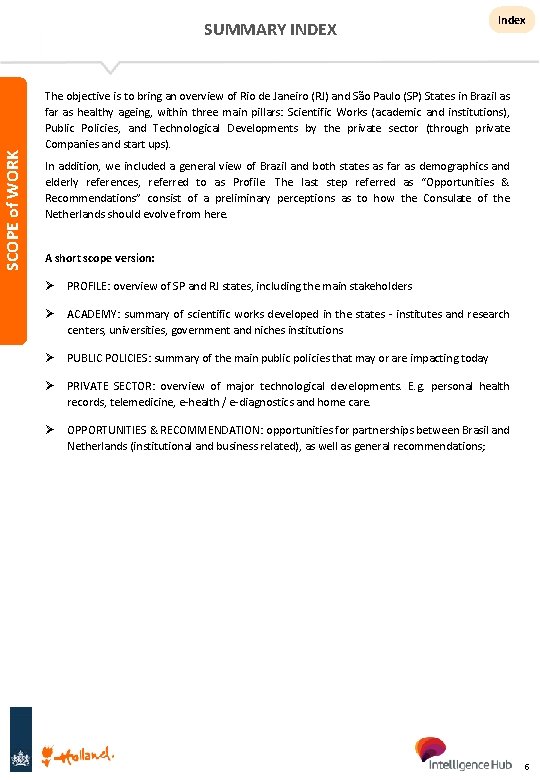 SCOPE of WORK SUMMARY INDEX Index The objective is to bring an overview of