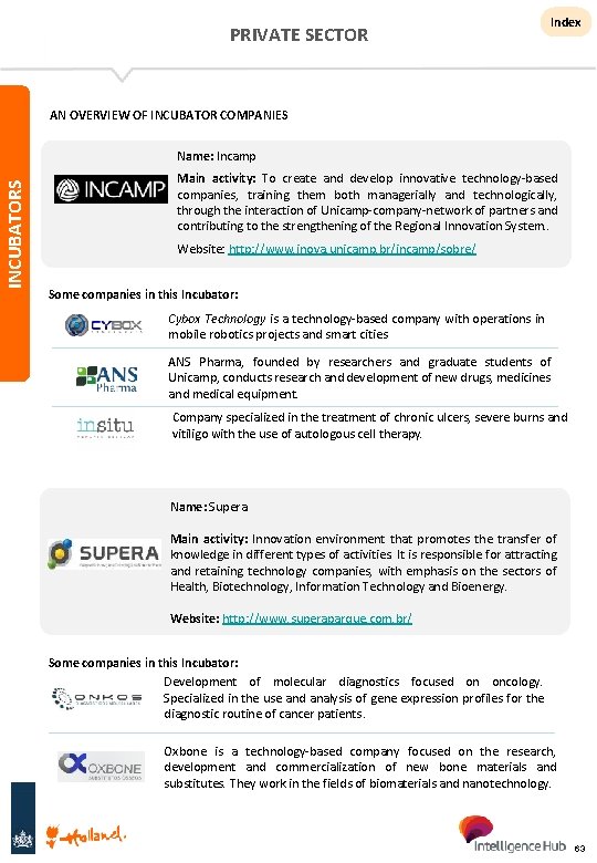 PRIVATE SECTOR Index AN OVERVIEW OF INCUBATOR COMPANIES INCUBATORS Name: Incamp Main activity: To