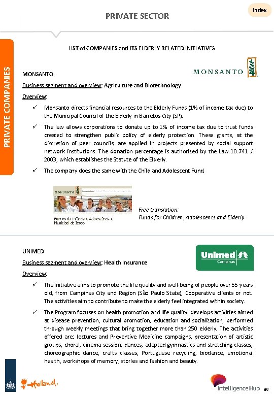 PRIVATE SECTOR Index PRIVATE COMPANIES LIST of COMPANIES and ITS ELDERLY RELATED INITIATIVES MONSANTO