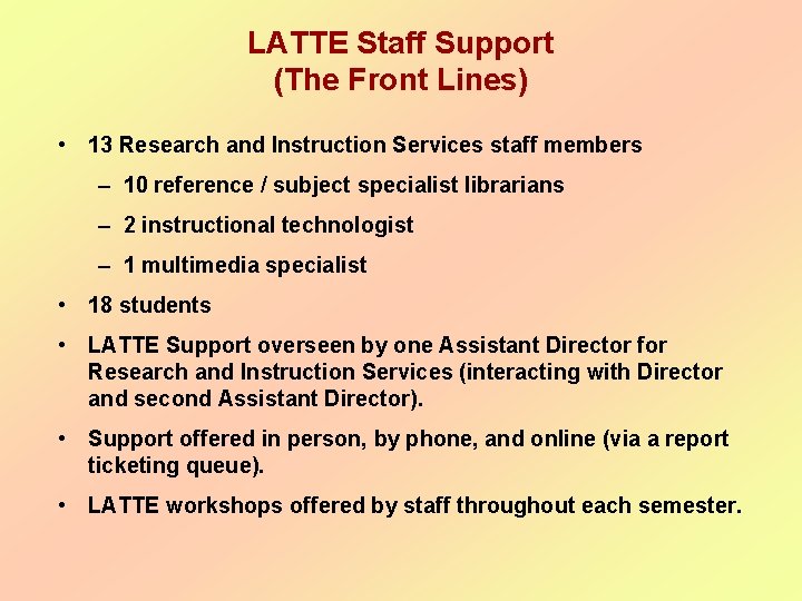 LATTE Staff Support (The Front Lines) • 13 Research and Instruction Services staff members LATTE Staff Support (The Front Lines) • 13 Research and Instruction Services staff members