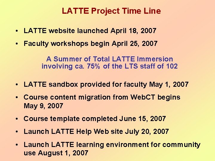  LATTE Project Time Line • LATTE website launched April 18, 2007 • Faculty