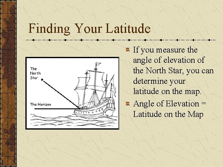 Finding Your Latitude If you measure the angle of elevation of the North Star,