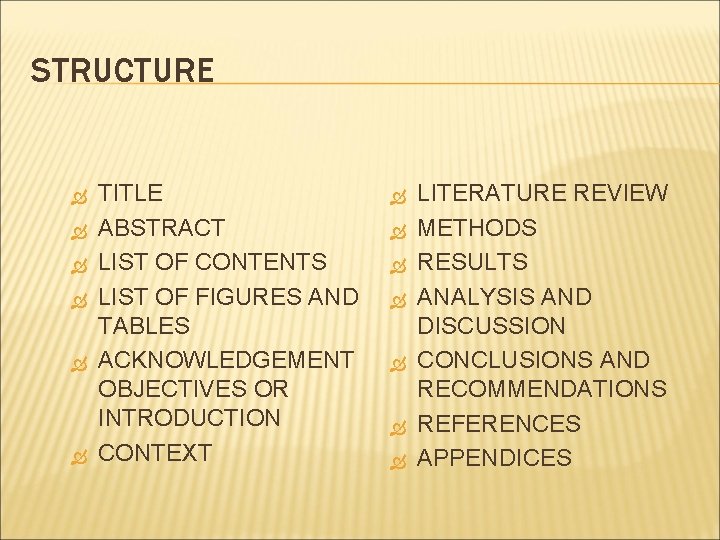 STRUCTURE TITLE ABSTRACT LIST OF CONTENTS LIST OF FIGURES AND TABLES ACKNOWLEDGEMENT OBJECTIVES OR