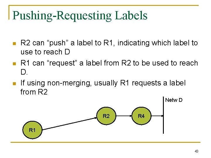 Pushing-Requesting Labels n n n R 2 can “push” a label to R 1,