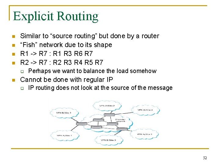 Explicit Routing n n Similar to “source routing” but done by a router “Fish”