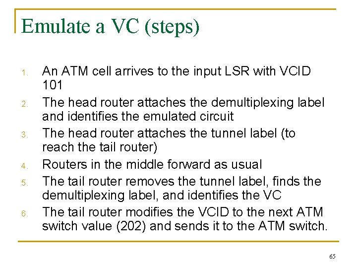 Emulate a VC (steps) 1. 2. 3. 4. 5. 6. An ATM cell arrives