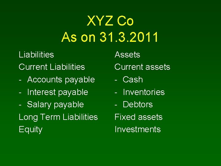 XYZ Co As on 31. 3. 2011 Liabilities Current Liabilities - Accounts payable -